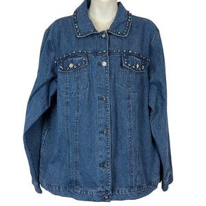 Quacker Factory Womens Denim Jean Rhinestone Beaded Jacket Button Down sz Large
